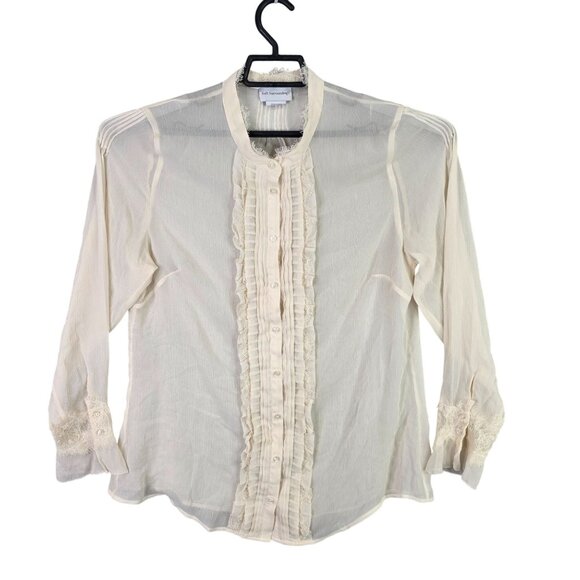 Womens Soft Surroundings Sheer Ivory Blouse Button-Front Long Sleeve Size L - Picture 1 of 7